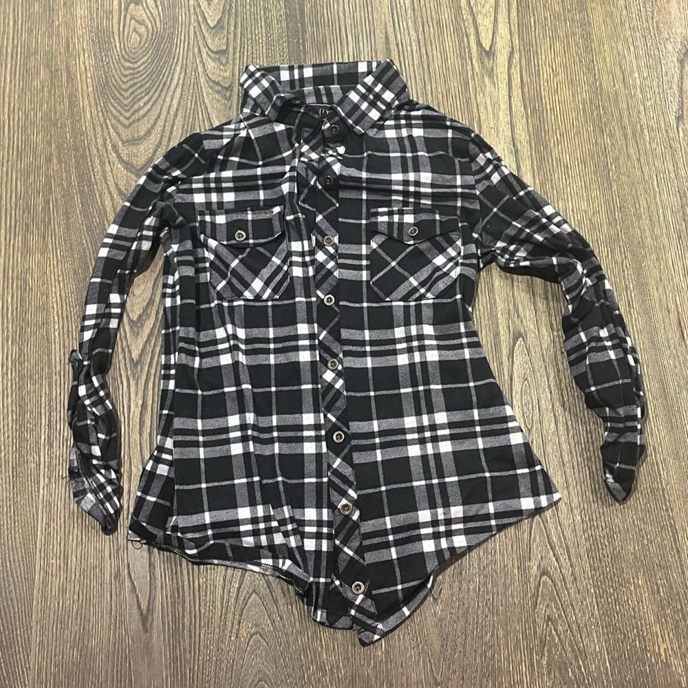 Polly Esther Button-Up Plaided Shirt Long Sleeve Chest Pocket Black White Size S